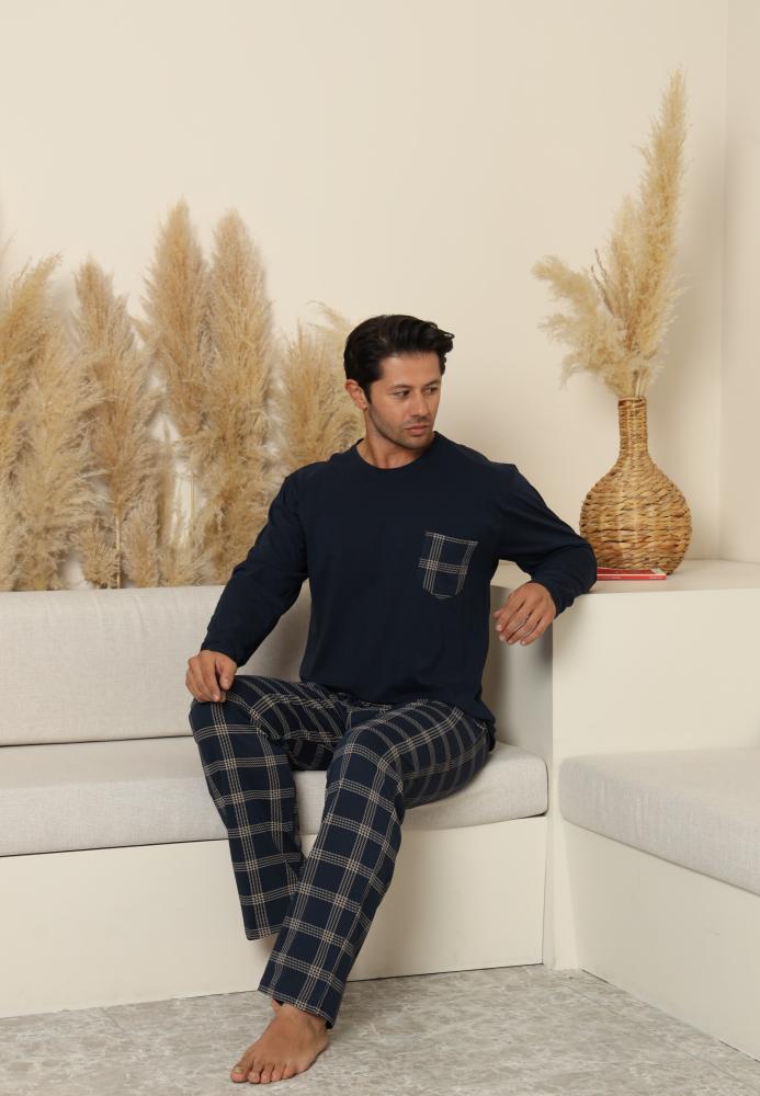 Pijama Barbati ,Maneca si Pantaloni Lungi, Culoare Bleumarin cu Crem,Engros